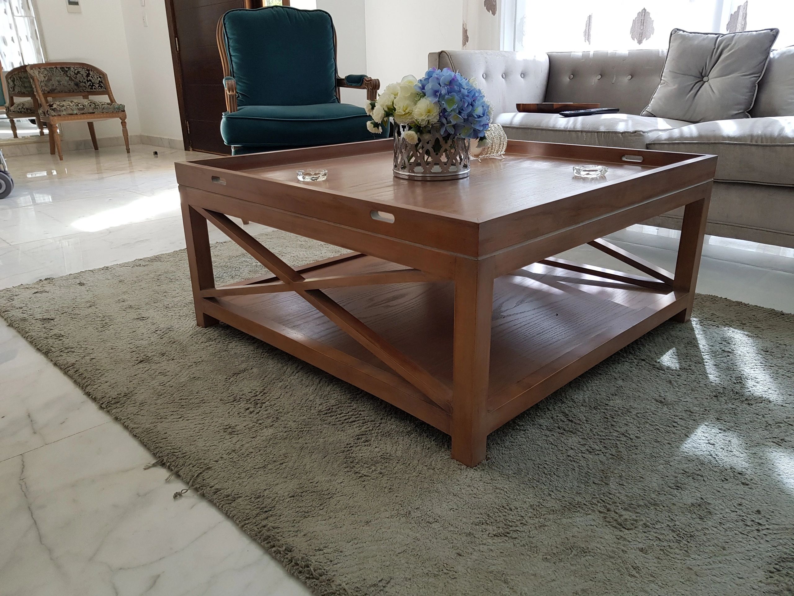 Custom hardwood coffee table in a finished living room